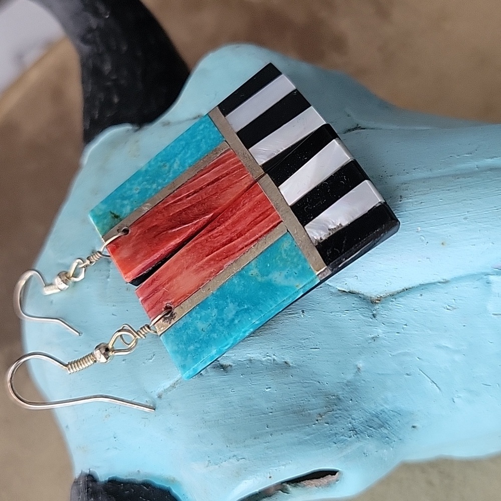 Santo Domingo Pueblo Turquoise Spiny Oyster Inlaid Dangle Earrings Southwestern - Picture 3 of 9